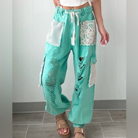 POL Pants - POL Mint Green Distressed Patchwork Jogger Pants